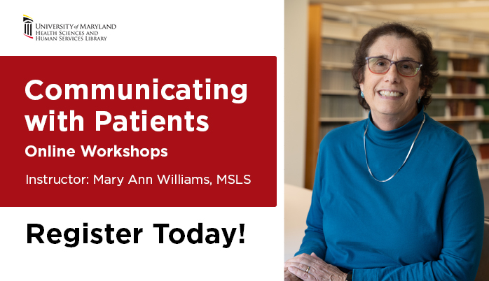 Communicating with Patients online workshop advertisement with instructor Mary Ann Williams