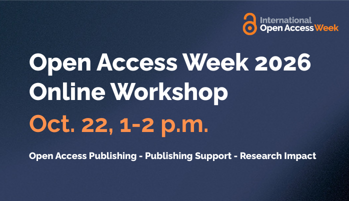 Promotional graphic for the Open Access Week 2026 online workshop on Oct. 22 from 1–2 p.m., covering open access publishing, publishing support, and research impact.