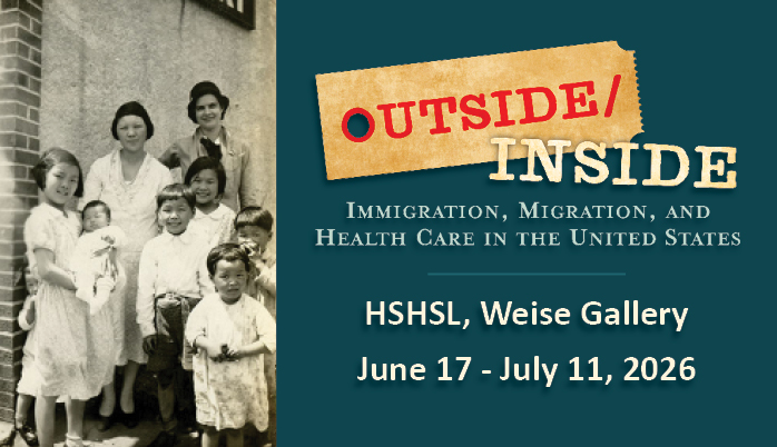 Historical photo of a family on the left, event details on the right for an exhibition titled OUTSIDE/INSIDE.