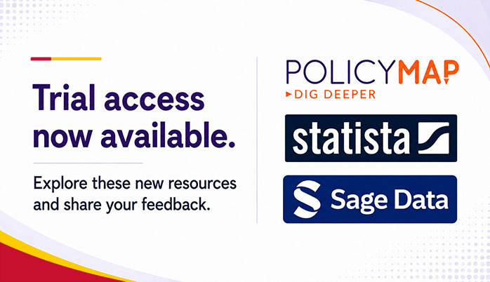 Announcement for trial access to PolicyMap and Statista, encouraging exploration of new resources and feedback.