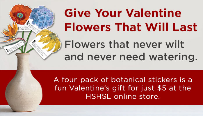 An arrangement of illustrated flower stickers in a vase with promotional text about botanical stickers as Valentine's gifts.